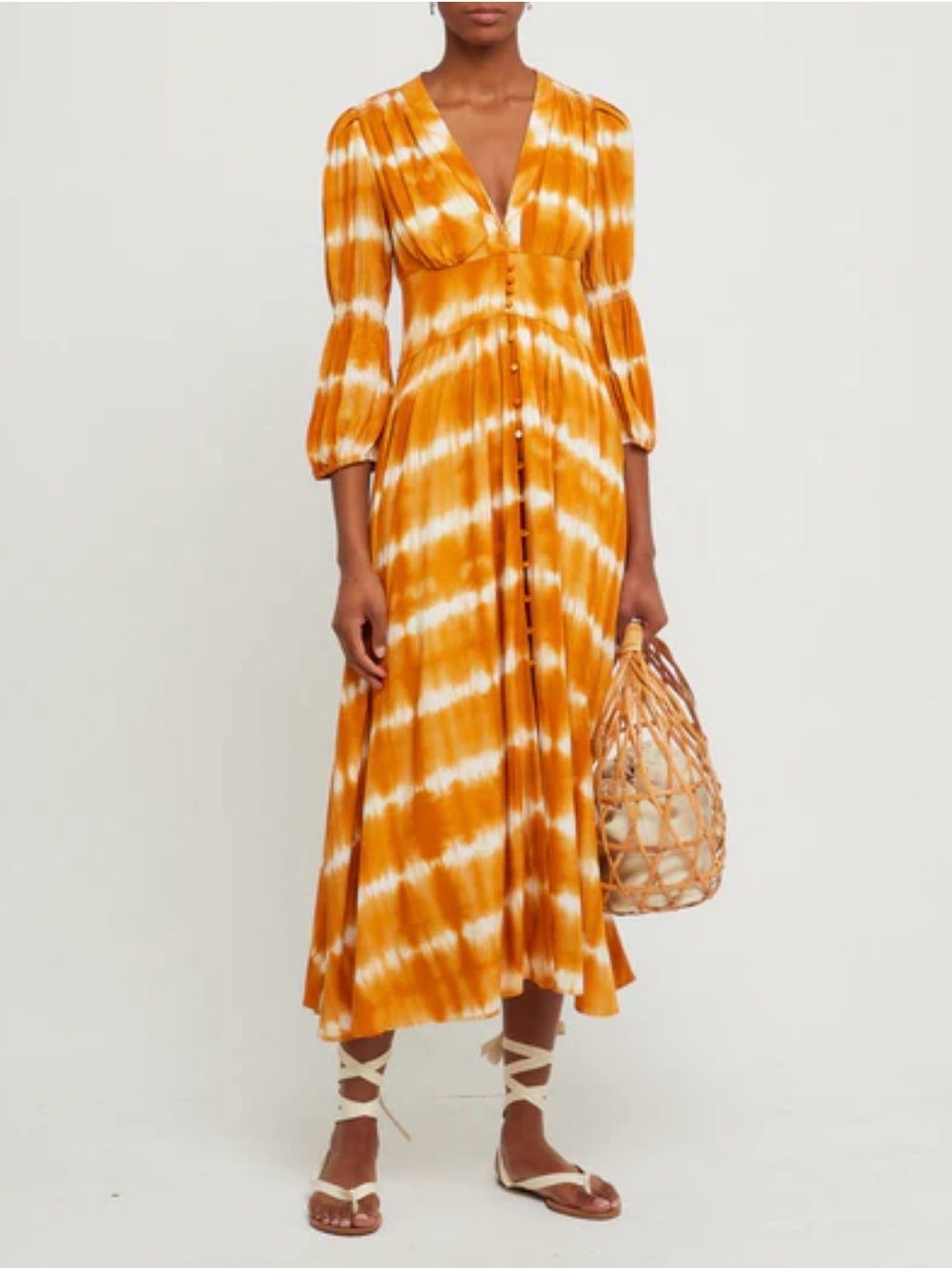 Sunset Tie-Dye Orange Midi Dress with Button Front